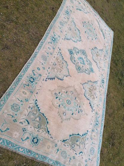 Oushak wool rug 5'4x10'8 long faded blue oushak runner rug vintage runner, hallway runner, kitchen runner rug