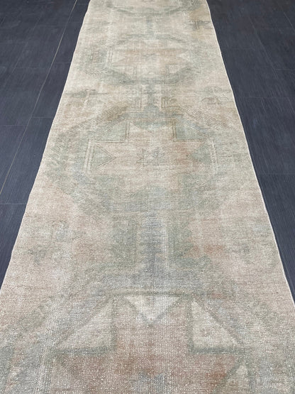 Muted Vintage Runner Rug 2.8 x 12.7 ft Muted Turkish runner rug Wool Pile Oushak Runner Hallway Rug runner Hand Knotted Star Runner Rug