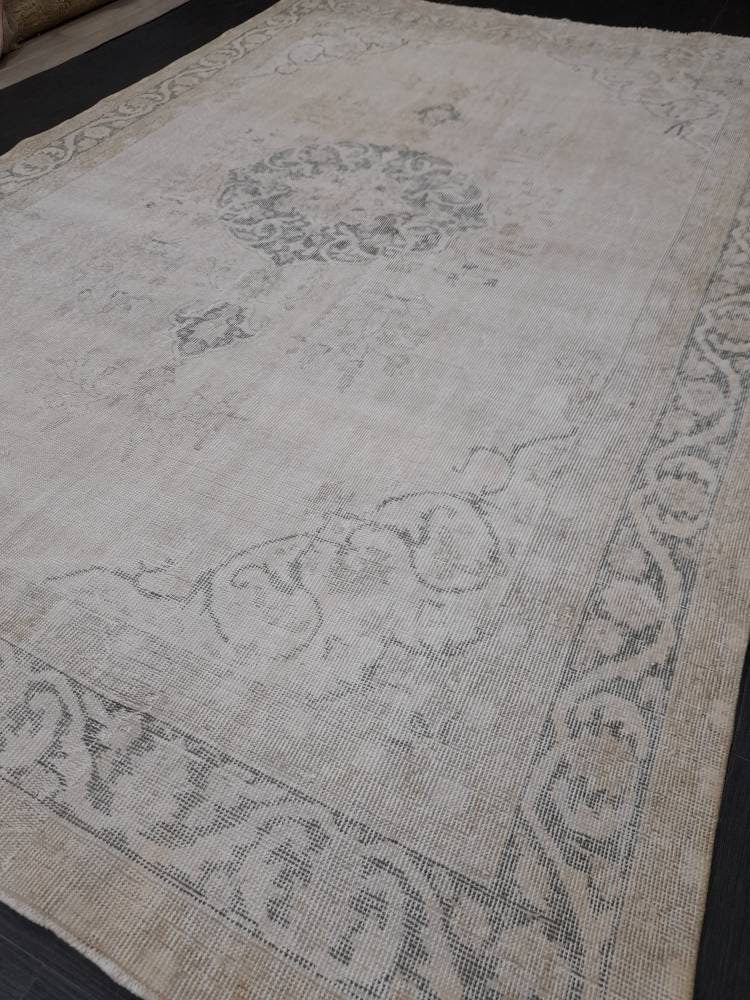 Muted Turkish Muted 6.8 x 10 Oushak Rug Large Area Rug Distressed Vintage Rug Oushak Rug 7 by 10 Muted Rug Hand Knotted Rug