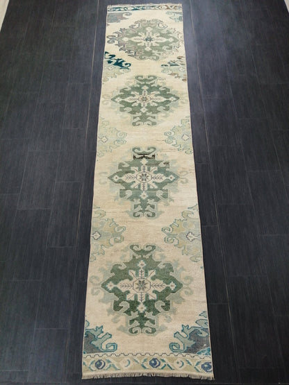 Muted Oushak Runner Rug 10.9 x 2.4 Vintage Runner Rug Hallway Runner Rug Kitchen Runner Rug Wool Runner Rug Wool Oushak Rug