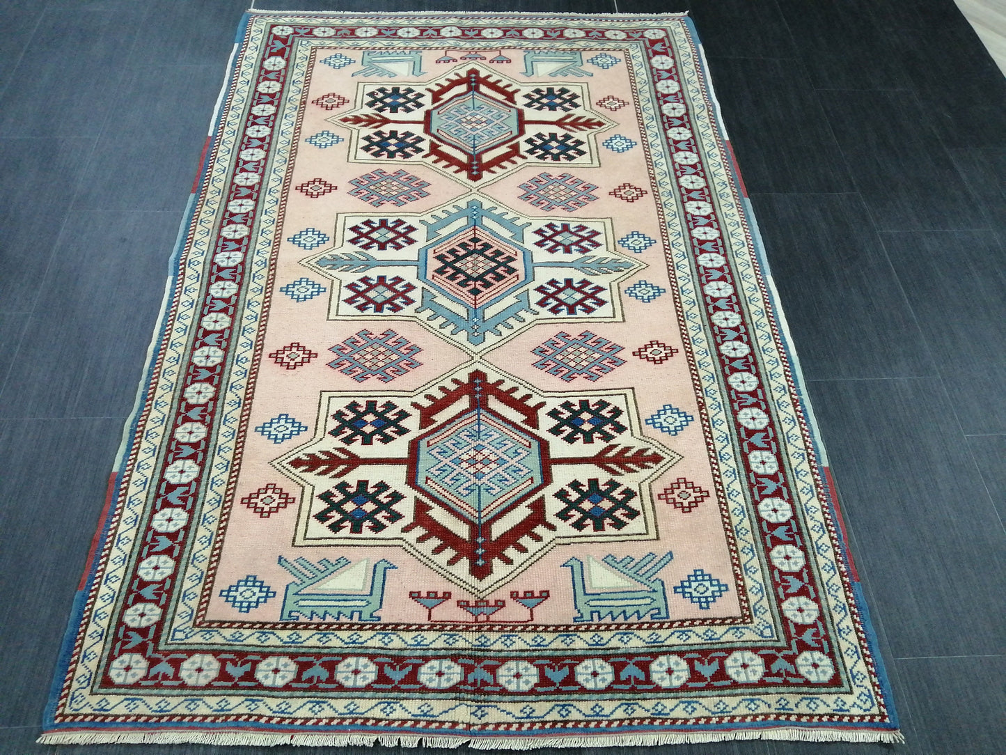 Muted Pink and Blue Wool RUG 5.8 x 3.9 Vintage Oushak Rug Vintage Rug Wool Oushak Rug Hand Made Rugs Vintage Turkish Rug