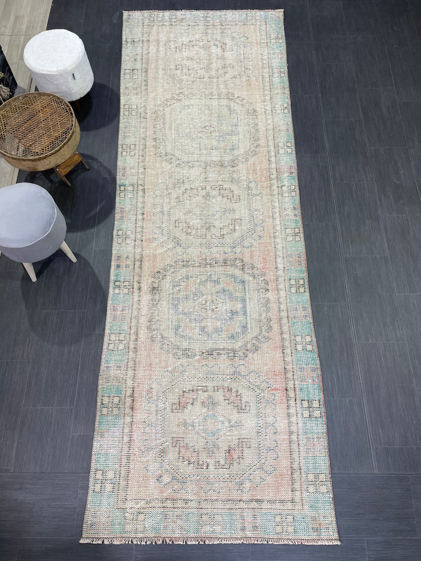 Antique Oushak Runner Rug, Muted Vintage 3.10 x 11.3 Runner Rug, Hallway Runner Rug, Distressed Runner Rug, Wool Runner Rug, Handmade Runner