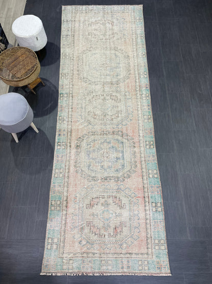 Antique Oushak Runner Rug, Muted Vintage 3.10 x 11.3 Runner Rug, Hallway Runner Rug, Distressed Runner Rug, Wool Runner Rug, Handmade Runner