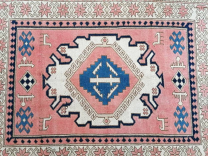 Vintage blue rug, oushak pink rug 4'9x6 handmade wool rug, living room rug