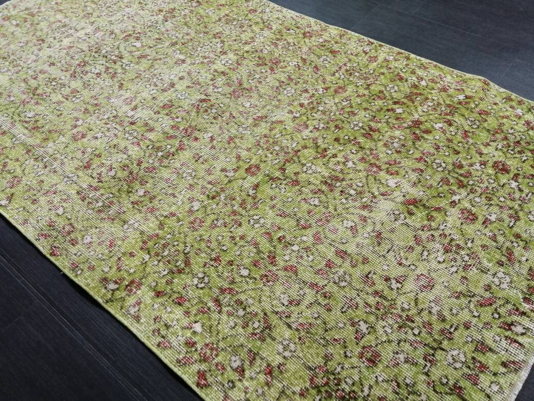 Vintage Green Rug Hand Made Rug, 3.6 x 6.5  Modern Oushak Rug,  Boho Leaves Rug, Fun Turkish Rug, Farmhouse Rug, Vintage Wool rug