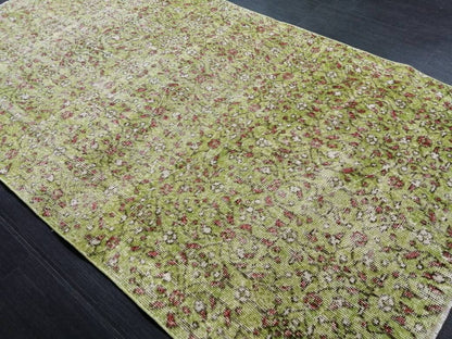 Vintage Green Rug Hand Made Rug, 3.6 x 6.5  Modern Oushak Rug,  Boho Leaves Rug, Fun Turkish Rug, Farmhouse Rug, Vintage Wool rug