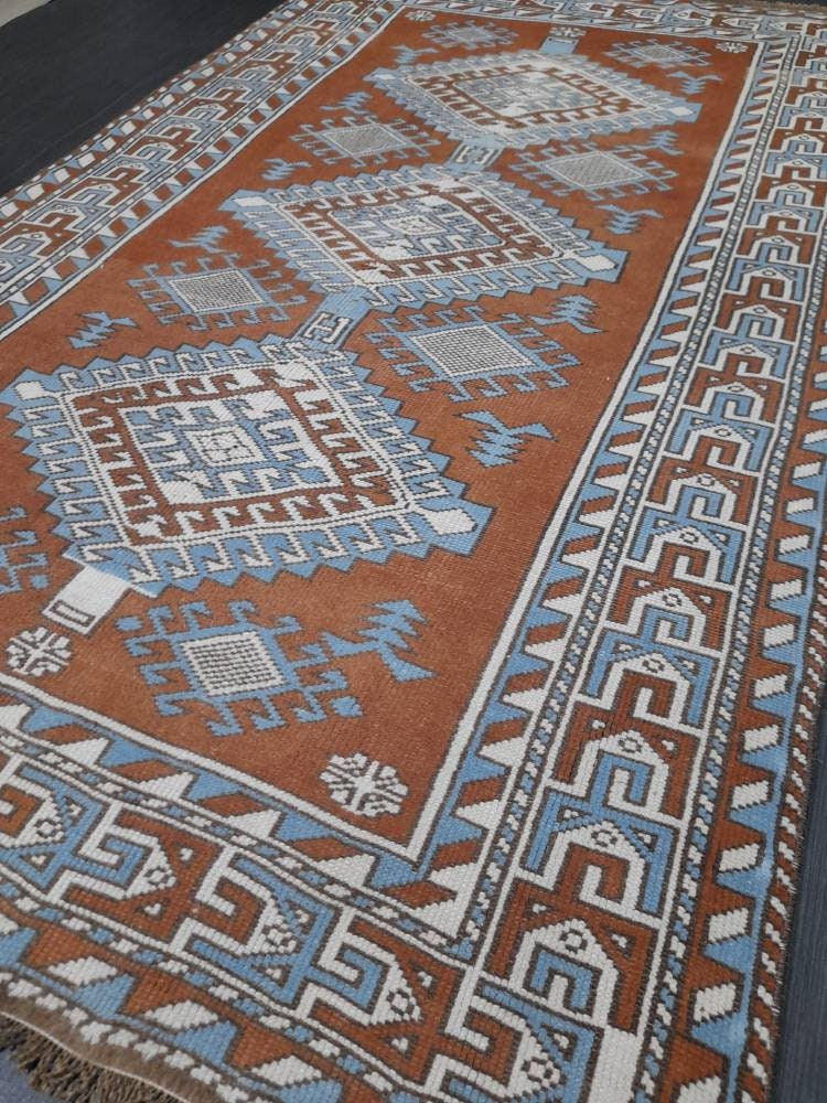 Turkish Rug 4.6 x 7.5 Vintage Oushak Rug Light Blue and Brown Vintage Rug Wool Muted Oushak Rug Hand Made Rugs Vintage Turkish Rug