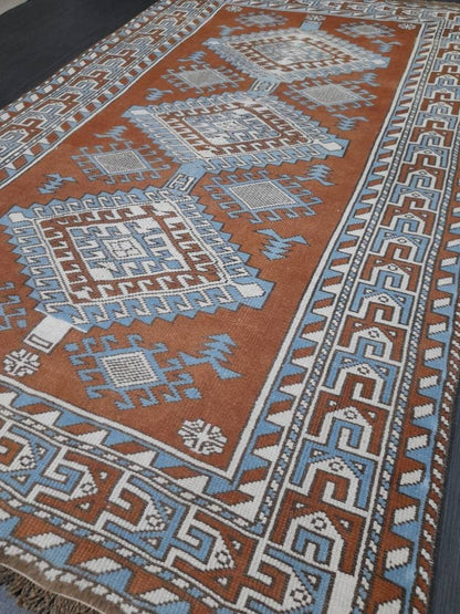 Turkish Rug 4.6 x 7.5 Vintage Oushak Rug Light Blue and Brown Vintage Rug Wool Muted Oushak Rug Hand Made Rugs Vintage Turkish Rug