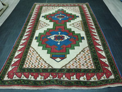 TURKISH Rug, wool Hand Made Rug, 6x9  Rustic Oushak Rug, Boho Rug, Vintage Blue and Green Rugs, Farmhouse Rug, Vintage Rug, Oushak Rug