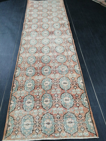 Muted Oushak Runner Rug 2.7 x 9.4 Distressed Runner Rug Vintage Runner Rug Hallway Runner Rug Kitchen Runner Rug Wool Runner