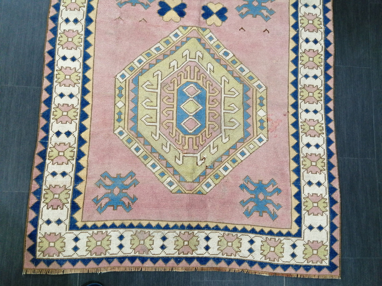 Pink and Blue Vintage RUG 9 x 6 TURKISH Rug Vintage Oushak Rug Vintage Rug Wool Oushak Rug Hand Made Rugs Vintage Turkish Rug