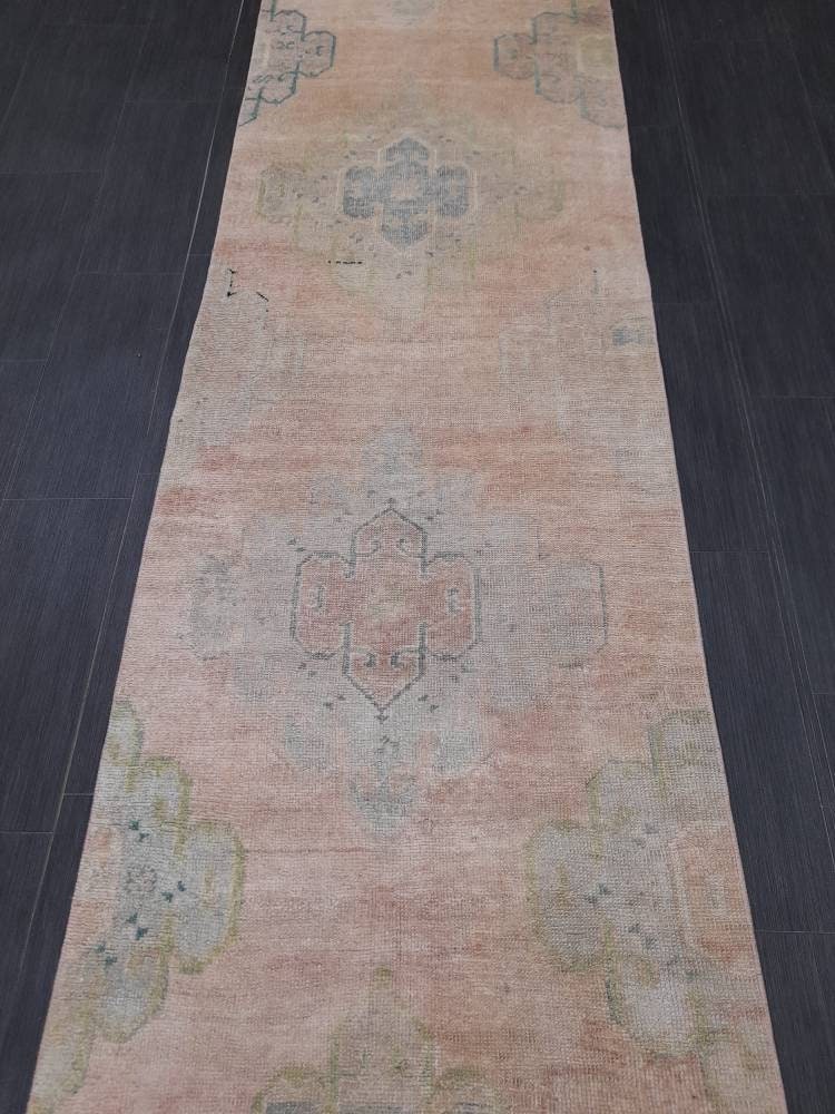 Hand Knotted Runner Rug Muted Turkish Runner Rug Vintage Runner Rug 2.6 x 12.8 Distressed Hallway Runner Kitchen Runner Rug Muted Runner Rug