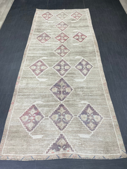 Hand Knotted Vintage Rug Muted Vintage 4.4 x 10.8 ft Rug Wool Oriental Rug Handmade Rug Vintage Oushak Turkish Rug Muted Persian Wool Rug