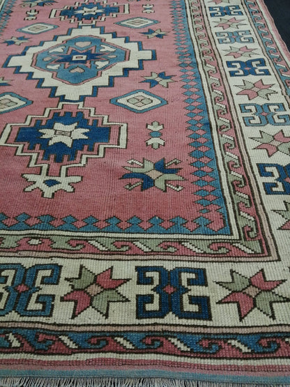 Pink and Blue 7.2 x 5.5 Vintage Oushak Rug Vintage Rug Livingroom Rug Wool Hand Made Rugs Vintage Turkish Rug