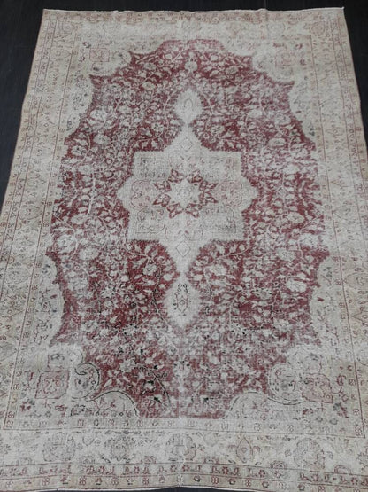 Vintage Turkish Rug 6.6 x 9 Oushak Rug Persian Rug Oriental Red Rug Muted Vintage Floral Rug Elegant Wool Rug Distressed HAND Knotted Rug