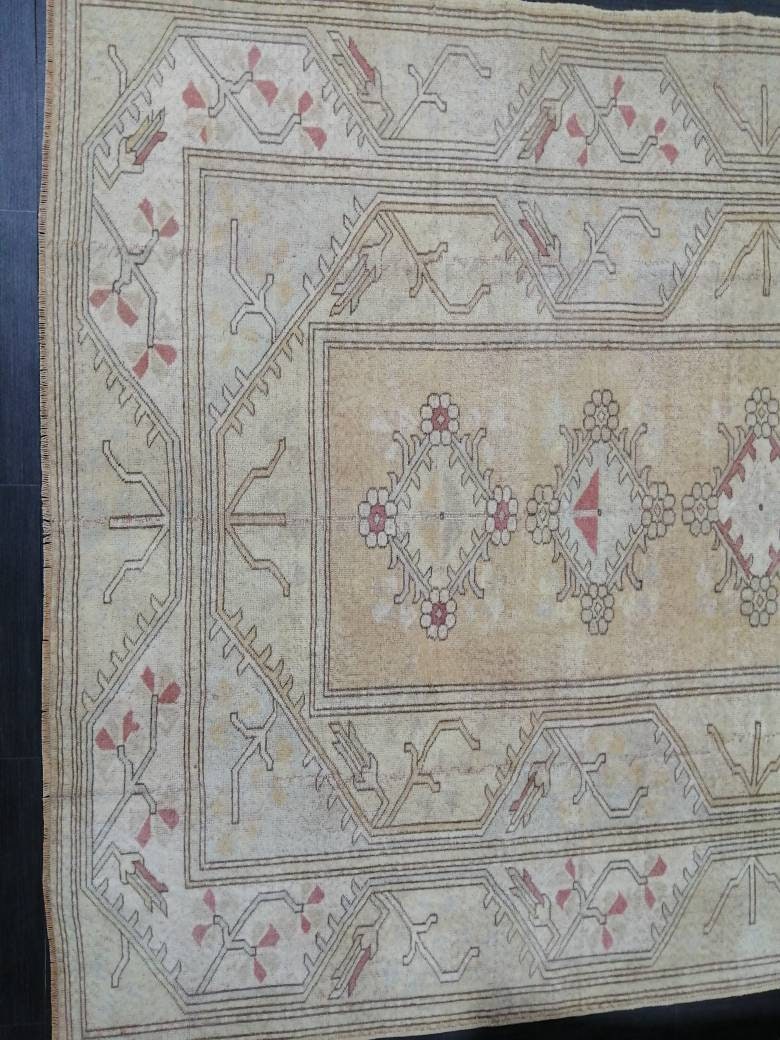 Muted Turkish Rug 9.4 x 6.7 Muted Oushak Rug Muted Vintage  Rug Wool Oushak Rug Hand Made Rugs Vintage Turkish Rug
