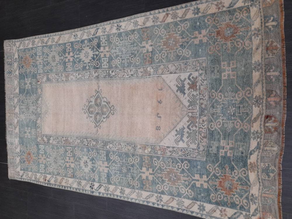 Muted Vintage RUG 3.7 x 6.6 TURKISH Rug Distressed Vintage  Rug Wool Oushak Rug Large Hand Made Rugs Vintage Turkish Rug Hand Knotted Rug