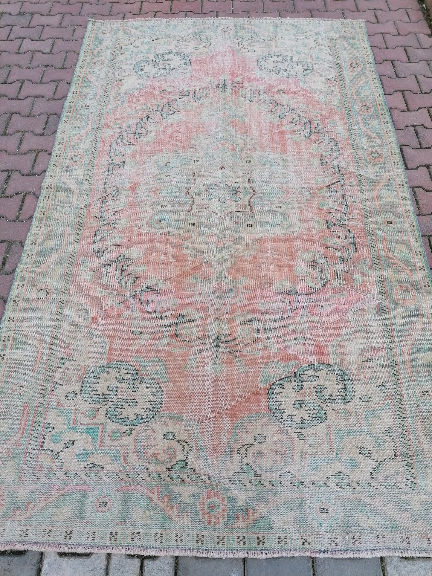 Large vıntage green rug, dıstressed oushak rug 9'5x5'9 turkish area rug