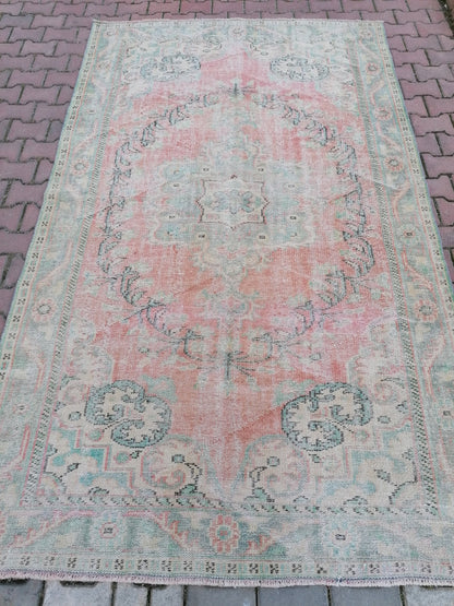 Large vıntage green rug, dıstressed oushak rug 9'5x5'9 turkish area rug