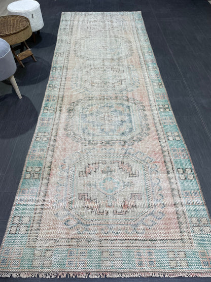 Antique Oushak Runner Rug, Muted Vintage 3.10 x 11.3 Runner Rug, Hallway Runner Rug, Distressed Runner Rug, Wool Runner Rug, Handmade Runner