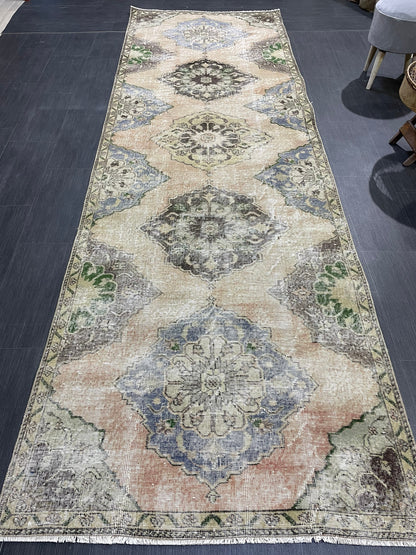 Muted Oushak Runner 3.8 x 11.7 Rug, Vintage Runner Rug, Hallway Runner Rug, Antique Runner Rug Wool Runner Rug Distressed Runner Rug