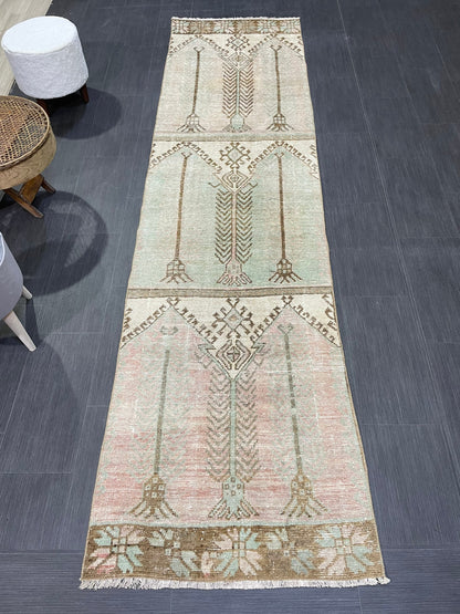 Muted Vintage Runner Rug, 2.8 x 10.2 Muted Oushak Runner Rug, Turkish Runner Rug, Short Muted Runner Rug ,Hallway Runner Soft Wool Runner
