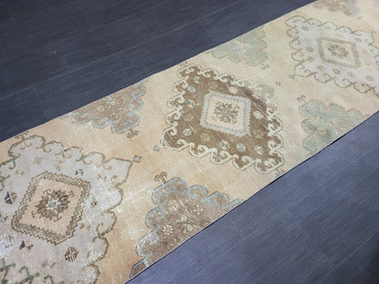 Distressed VINTAGE Rugs, Handmade Runner Rug, Oushak 2.8 x 12.10 Runner Rug, Rustic Runner Rug, Antique Rug, Turkish Rug, Farmhouse Rug,