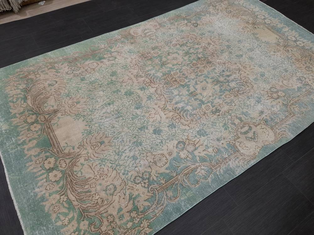 TURKISH HAND MADE Rug 5.6 x 9.2 Vintage Turkish Rug Oushak Rug Traditional Rug Oriental Green Rug Muted Vintage Floral Rug Elegant Wool Rug
