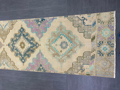 Hand Knotted Vintage Runner Rug 2.9 x 13.3 ft Muted Turkish runner rug Oushak Runner Hallway Rug runner Hand Knotted Star Runner Rug