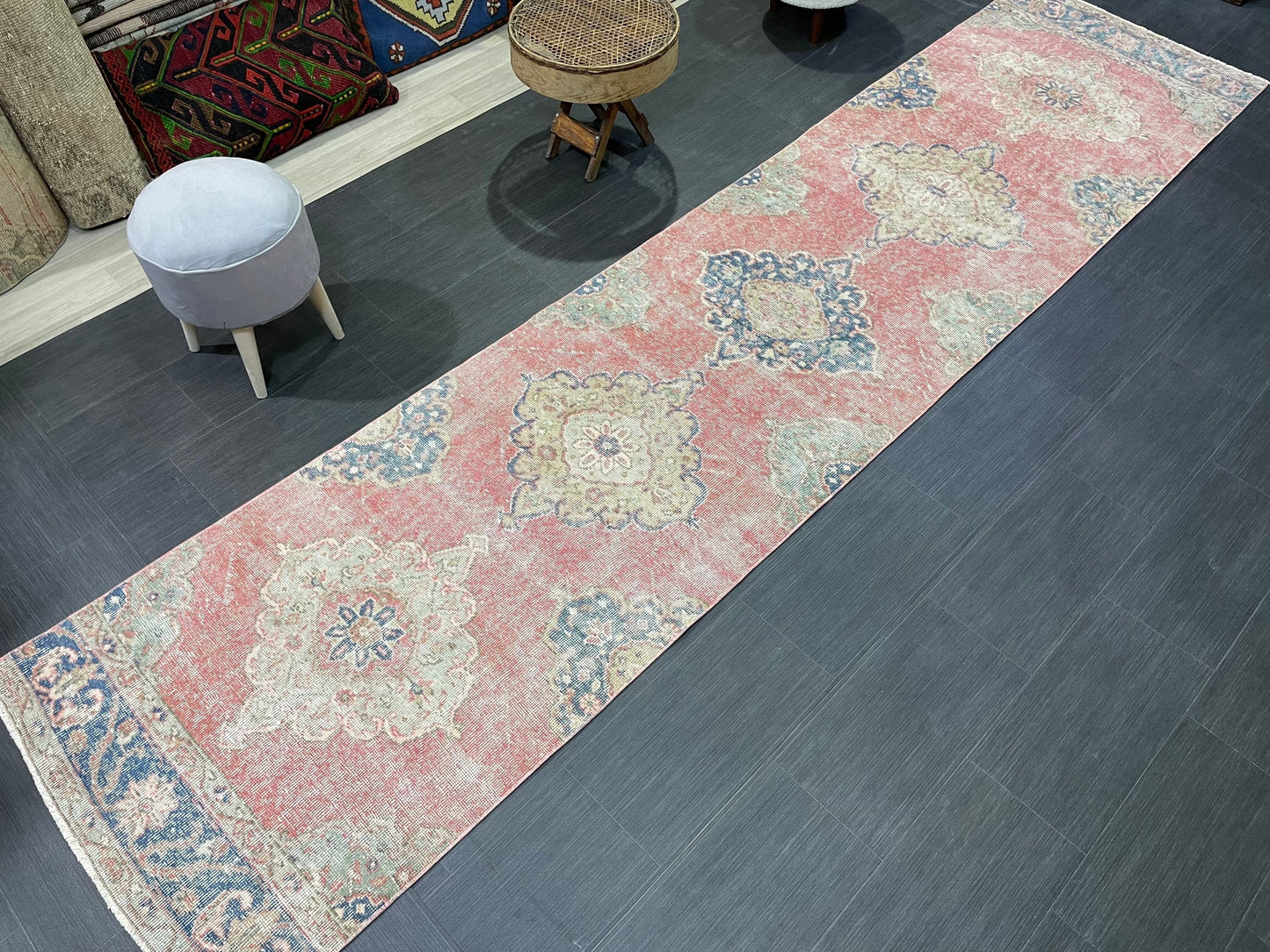 Muted Hand Knotted Runner Rug, Handmade Runner 2.11 x 12.5 Rug, WOOL Oushak Runner Rug, Rustic Rug Runner, Turkish Runner, Vintage Runner