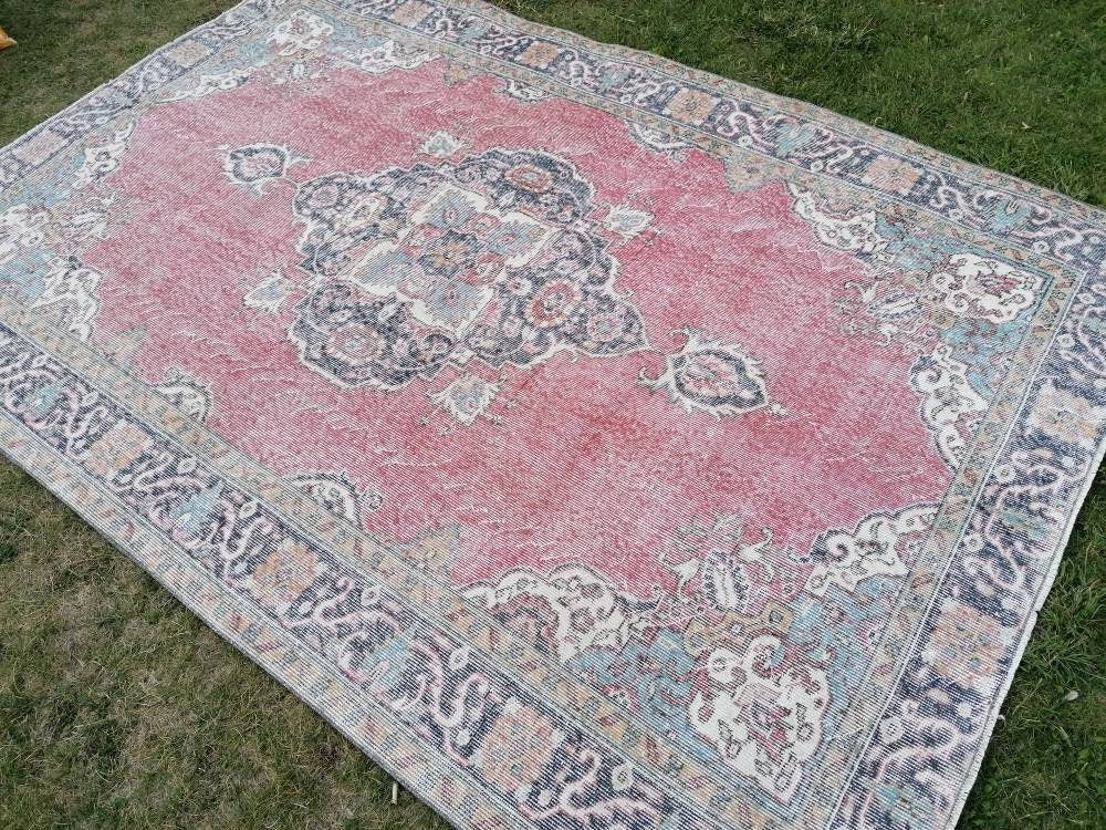 Large vintage rug, pastel oushak wool rug 6x9 distressed unique hand made rug, living room rug kitchen runner rug, bohemian rug