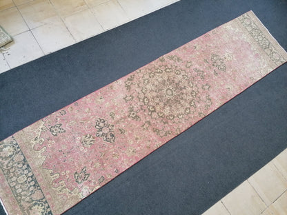 Turkish runner rug 10'7x2'7 pink runner rug, vintage oushak runner  kitchen runner rug, hallway runner rug, vintage runner oushak runner rug