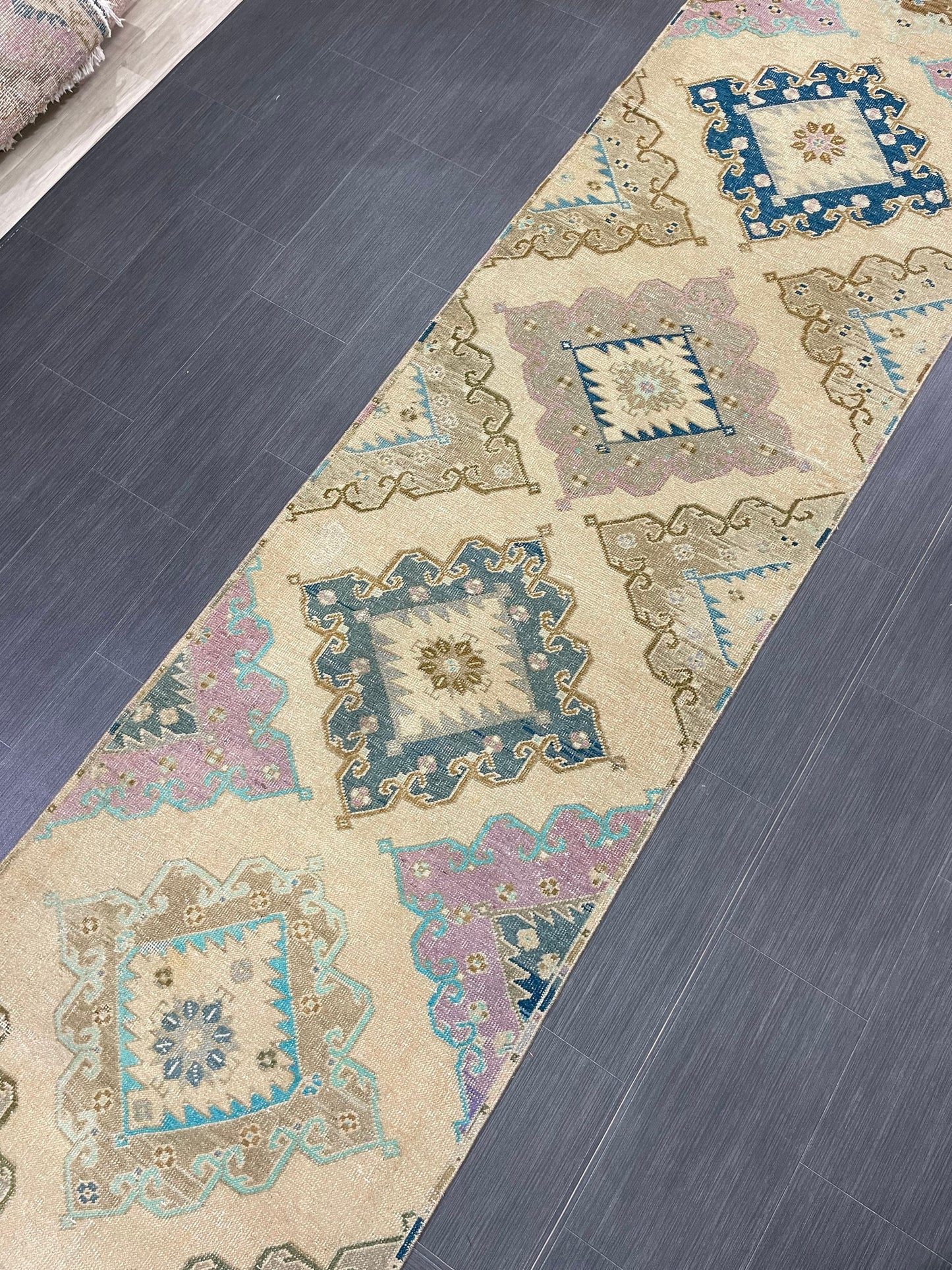 Hand Knotted Vintage Runner Rug 2.9 x 13.3 ft Muted Turkish runner rug Oushak Runner Hallway Rug runner Hand Knotted Star Runner Rug