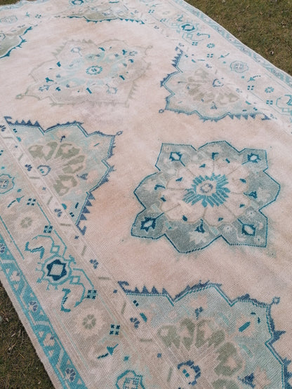 Oushak wool rug 5'4x10'8 long faded blue oushak runner rug vintage runner, hallway runner, kitchen runner rug