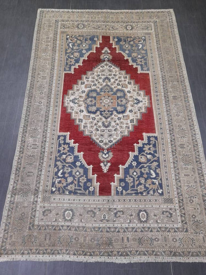 Vintage Oriental RUG 6 x 9.5 Oushak Rug Turkish Vintage Persian Rug Navy Vintage Rug Fine Wool Oushak Rugs Turkish Rug Muted Living room Rug