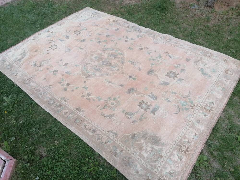 Faded turkish oushak rug 6'7x9'6 large vintage oushak rug, unique hand made rug, bohemian rug