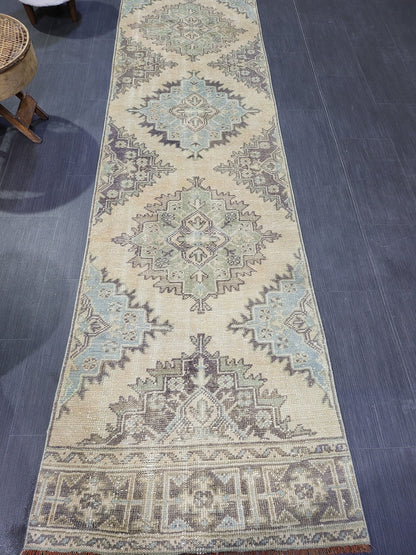 Antique Oushak Runner Rug,Turkish Runner Rug, Vintage Runner 2.8 x 11.2 Rug, Hallway Runner Rug, Grey Blue Oriental Runner Rug