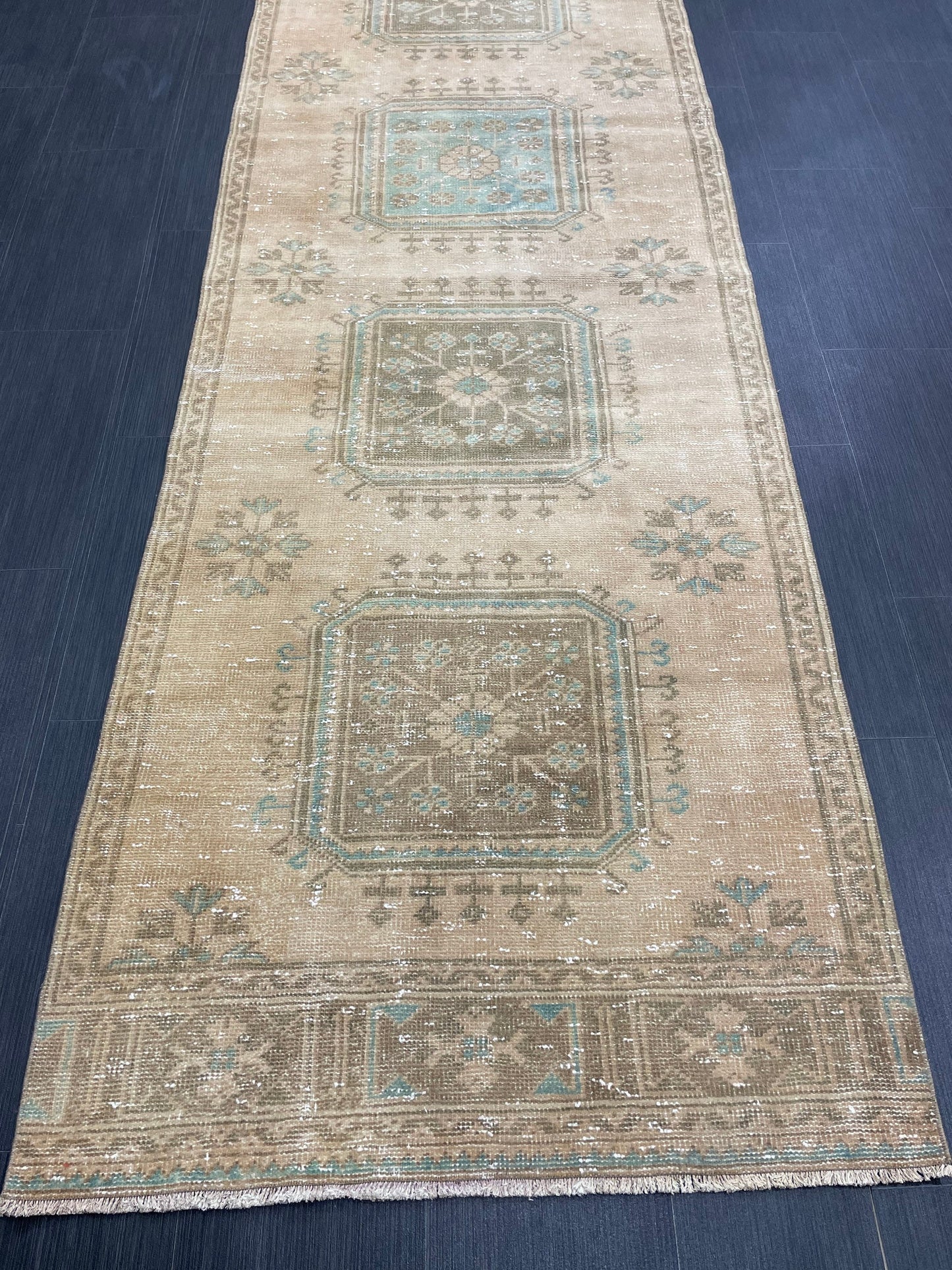 Muted Vintage Runner Rug 3.2 x 11.8 Hand Knotted Runner Rug Turkish Runner Rug Vintage Runner Rug Hallway Runner Rug Wool Kitchen Runner
