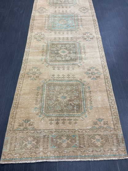 Muted Vintage Runner Rug 3.2 x 11.8 Hand Knotted Runner Rug Turkish Runner Rug Vintage Runner Rug Hallway Runner Rug Wool Kitchen Runner