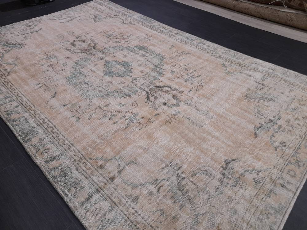 Vintage RUG 6x9.5 TURKISH Oushak Rug Vintage Navy Oriental Rug  Vintage Persian Rug Hand Made Rugs  Turkish Rug Antique Rug Distressed Rug