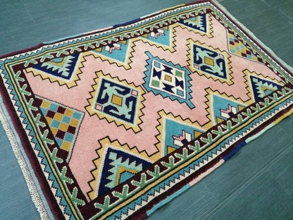 3 x 4.5 PINK AND NAVY Rug Hand Made Rug, High Pile Oushak Rug,  Boho Rug, Oriental Rug Plush Turkish Rug, Farmhouse Rug, Vintage Wool rug