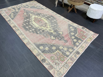 Turkish Muted 4.3 x 8 Rug, Oriental Rug, Large Area Rug, Distressed Vintage Rug, Oushak Rug, Muted Rug Hand Knotted Rug, Handmade Rugs