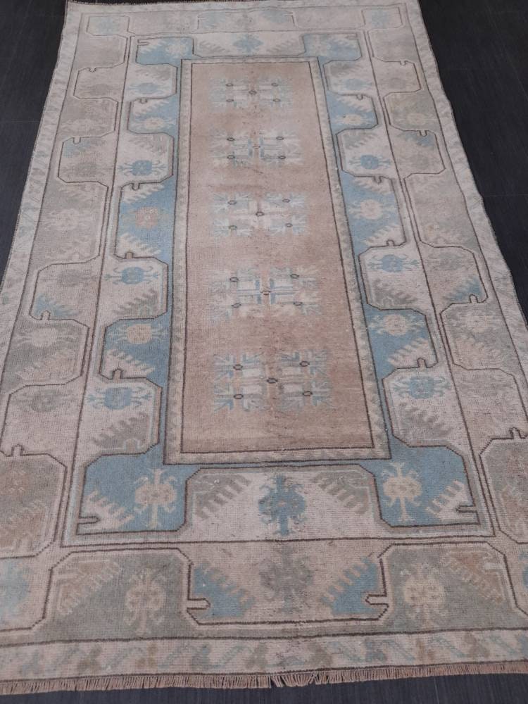Muted Vintage Turkish Rug 3.5 x 6  Oushak Rug, Wool Oriental Rug, Blue Muted Vintage Persian Rug, Hand Made Rug Blue Vintage Wool Rug