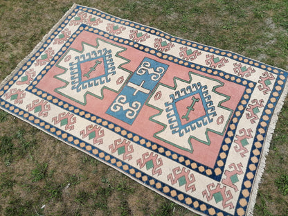 Vintage turkish blue rugs 4'5x6'9 oushak wool rug