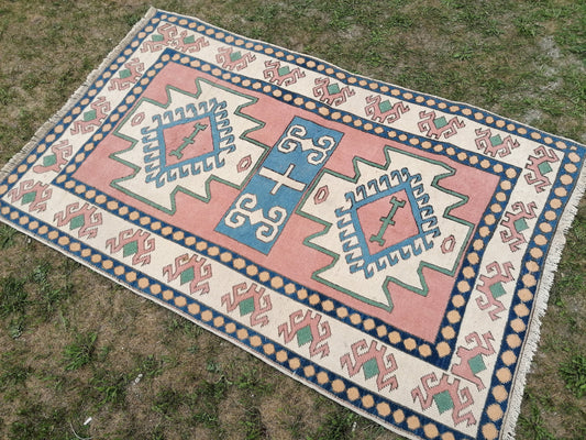 Vintage turkish blue rugs 4'5x6'9 oushak wool rug