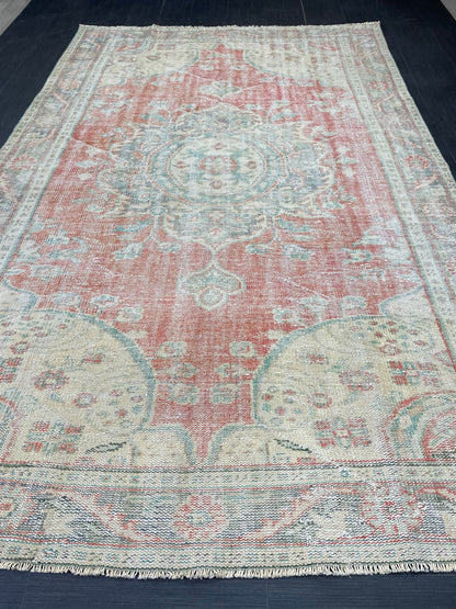 Distressed Vintage HAND MADE Rug 6.2 x 10 Handmade Rug Oushak Rug Persian Rug Oriental Rug Vintage Turkish Rug Pink Wool Rug