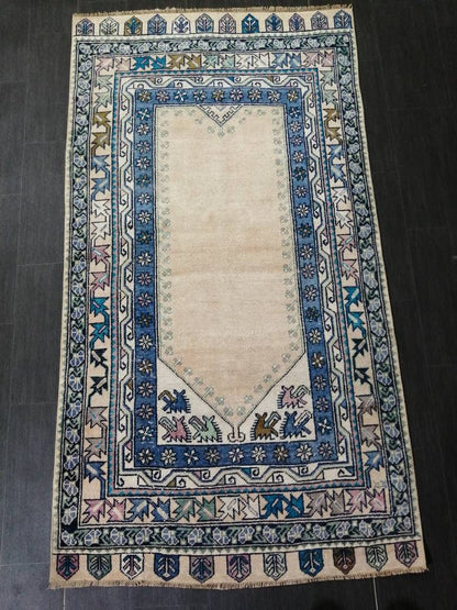 Muted Turkish Vintage Hand Made Rug, 3.7 x 7  Oushak Rug, Rustic Rug, Muted Rug, Vintage Turkish Rug, Farmhouse Rug, Vintage Rug, Wool rug