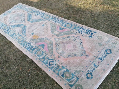 Turkish runner rug 4'7x12'4  blue runner rug,vintage oushak runner rug,kitchen runner rug,hallway runner rug,vintage runner rug