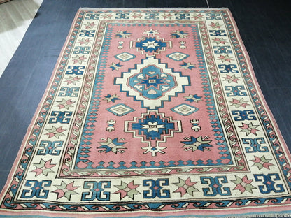 Pink and Blue 7.2 x 5.5 Vintage Oushak Rug Vintage Rug Livingroom Rug Wool Hand Made Rugs Vintage Turkish Rug