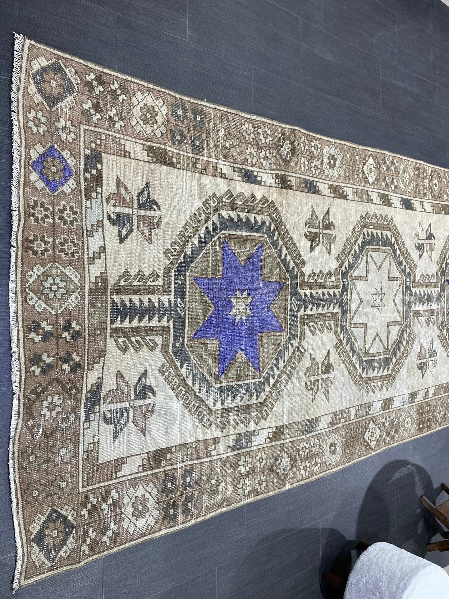 Muted Hand Knotted Runner 4.4 x 12 Rug, Vintage Runner Rug, Hallway Runner Rug, Antique Runner Rug Wool Runner Rug Handmade Runner Rug